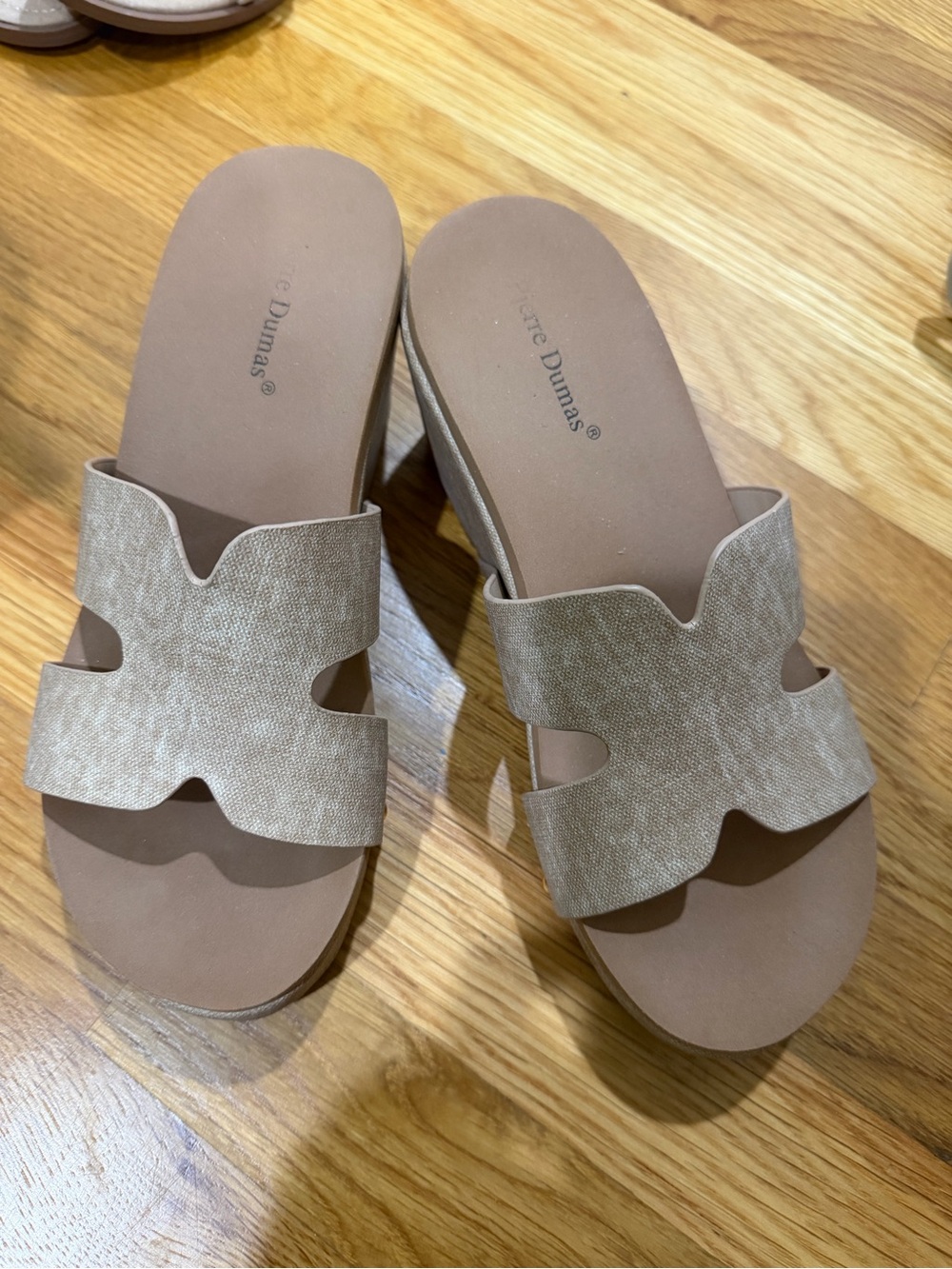 Pierre Dumas Taupe Slide Sandals with Textured Crossover Strap